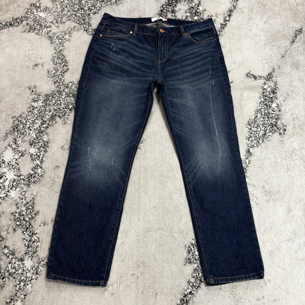 Cabi Jeans Womens Size 12 Medium Length Dark Wash Straight Leg Distressed Denim